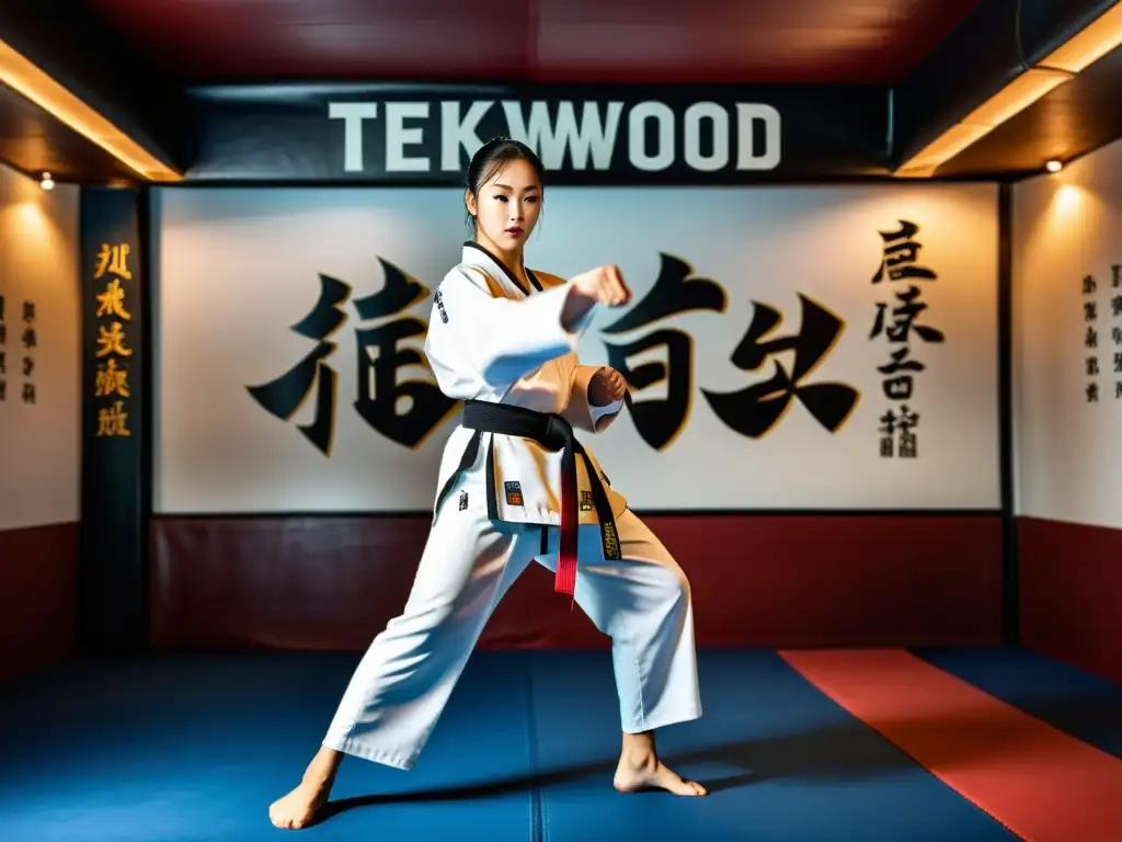 Un instructor de taekwondo muestra su potente patada en un estudio tradicional, con estudiantes practicando con intensidad