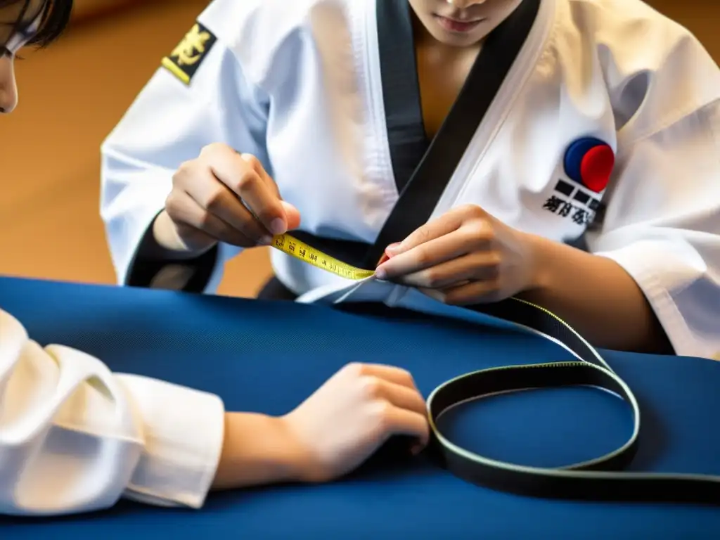 Un instructor de taekwondo mide con precisión el dobok adecuado para Taekwondo de un estudiante, transmitiendo dedicación y expertise