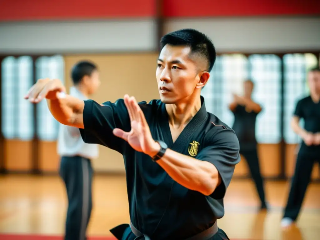 Maestro de Wing Chun demostrando técnica de defensa personal Un instructor de Wing Chun demostrando una técnica de autodefensa práctica con estudiantes concentrados
