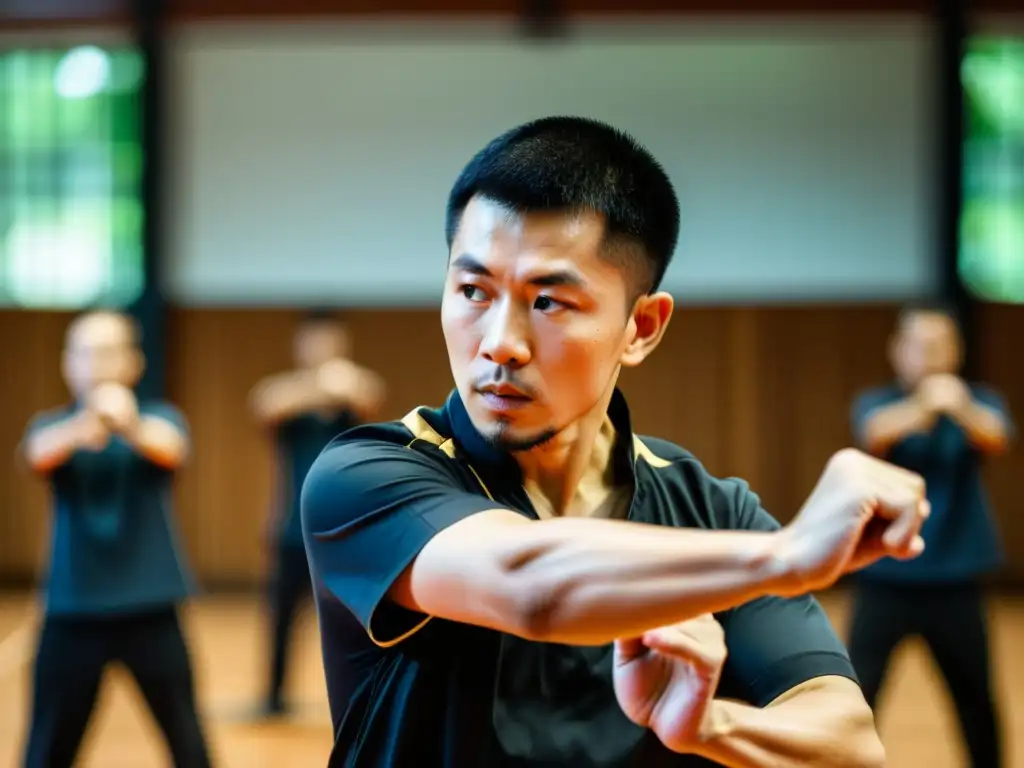 Un instructor de Wing Chun muestra una técnica compleja en un seminario, con estudiantes dedicados