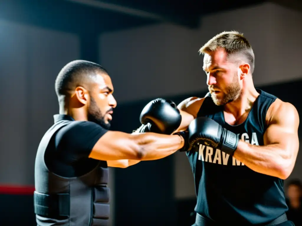 Un instructor de Krav Magá ejecuta una técnica defensiva contra un asaltante armado en un estudio de entrenamiento