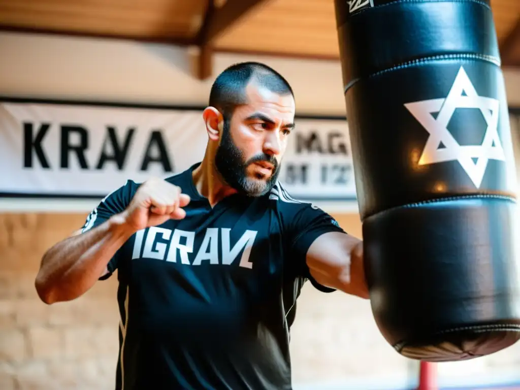 Un instructor de Krav Magá muestra una técnica defensiva en un dojo, destacando la determinación en sus ojos y la autenticidad del arte marcial