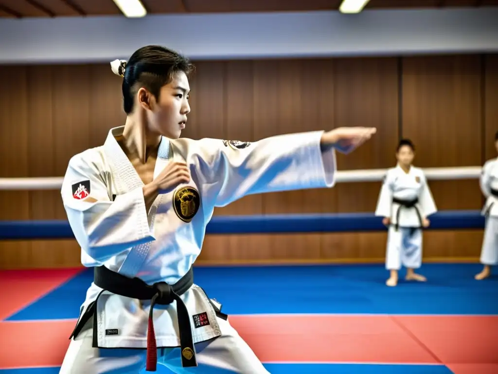 Un instructor muestra una técnica defensiva precisa de taekwondo, con un enfoque en el trabajo de pies y la posición de las manos