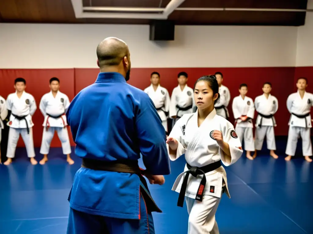 'Instructor de MMA demuestra técnica a estudiantes en dojo, aplicando técnicas de MMA en defensa personal'