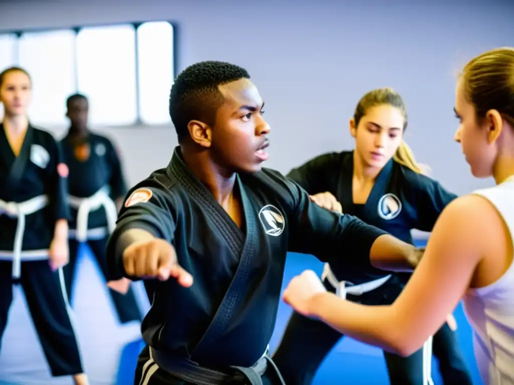 Un instructor de Krav Magá enseña una técnica a un grupo de adolescentes en una clase intensa y motivadora