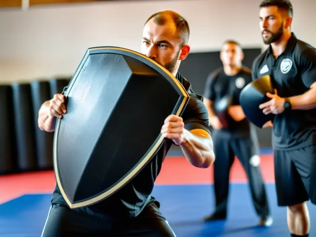 Un instructor de Krav Maga muestra técnicas defensivas con un escudo de entrenamiento, mientras los estudiantes observan con determinación