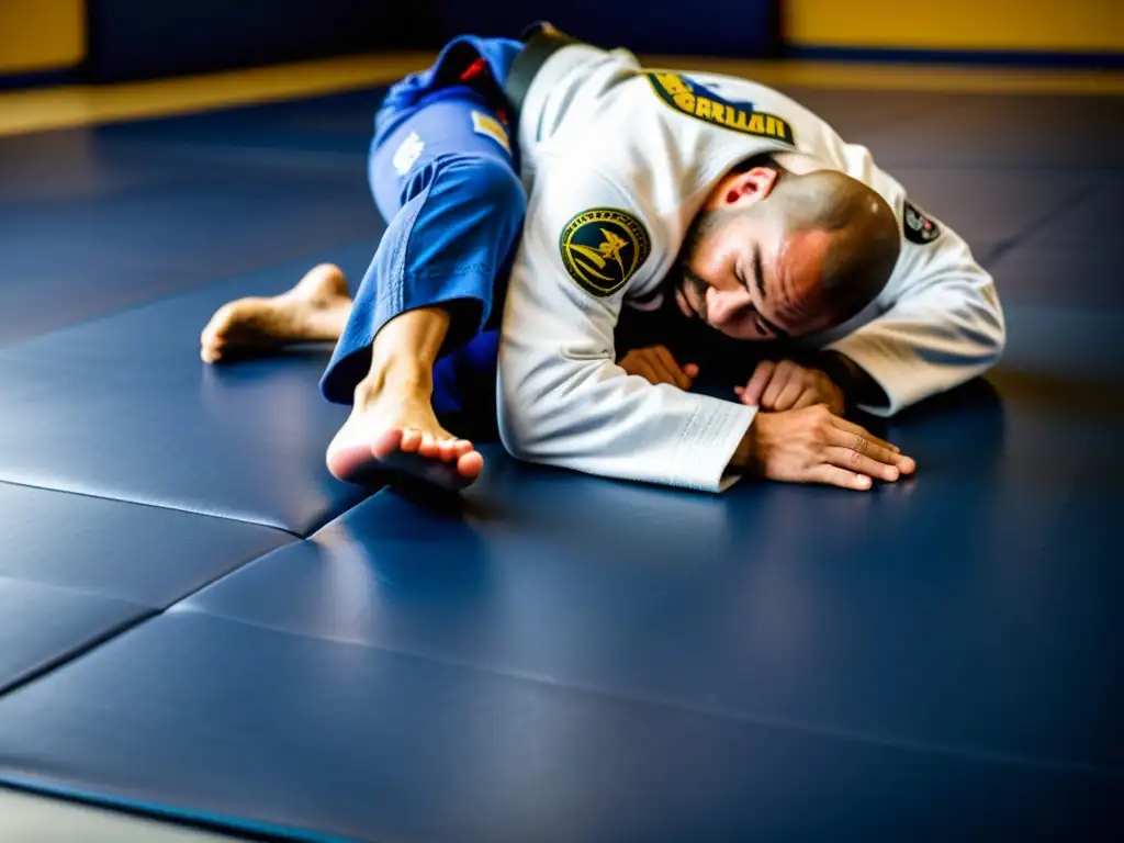 Un instructor de Brazilian Jiu Jitsu demuestra técnicas de suelo con determinación mientras sus alumnos se concentran