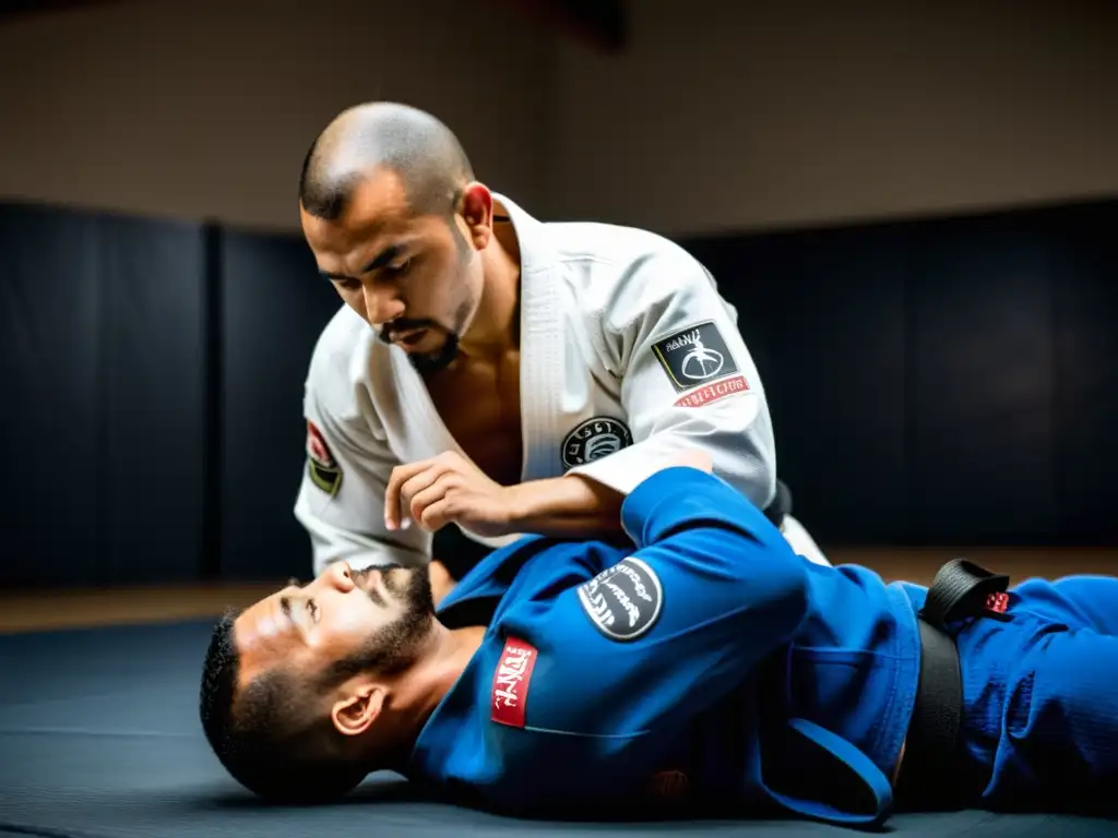 Un instructor de Brazilian JiuJitsu muestra técnicas de suelo mientras sus estudiantes observan con concentración en un dojo tradicional