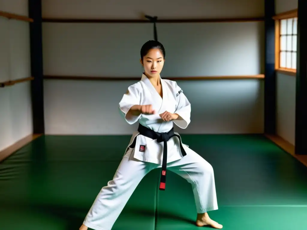 Maestra de artes marciales inspira con su dominio Una instructora experimentada de artes marciales muestra técnicas precisas en un dojo tradicional, creando una atmósfera serena y disciplinada