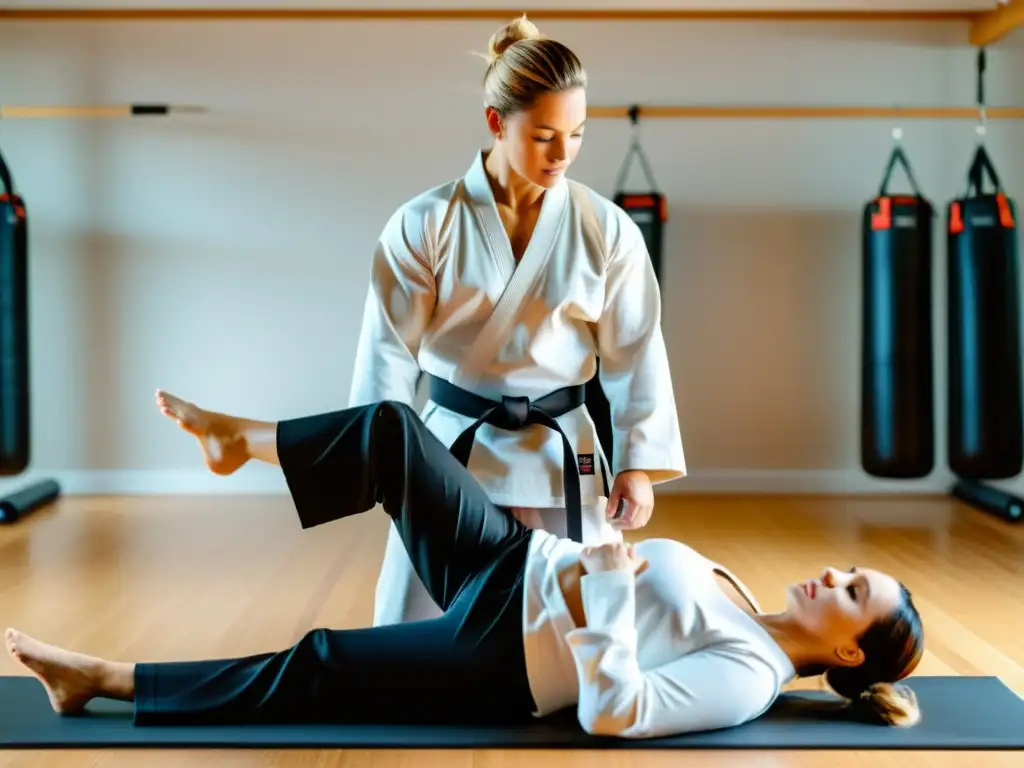 Instructores de artes marciales y pilates demostrando ejercicios para mejorar flexibilidad y control en un dojo sereno