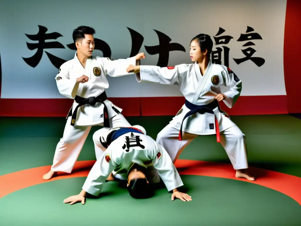 Instructores de Hapkido en uniformes blancos, demostrando técnicas de autodefensa en un estudio espacioso