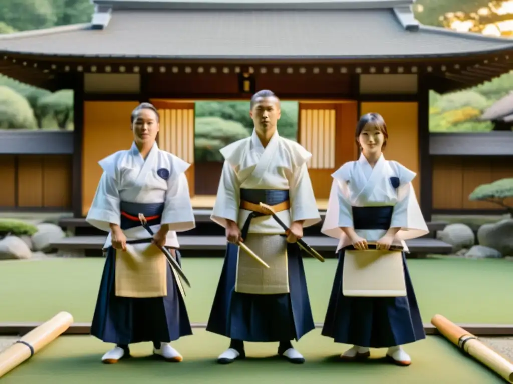 Instructores de kendo practican al atardecer en un jardín japonés