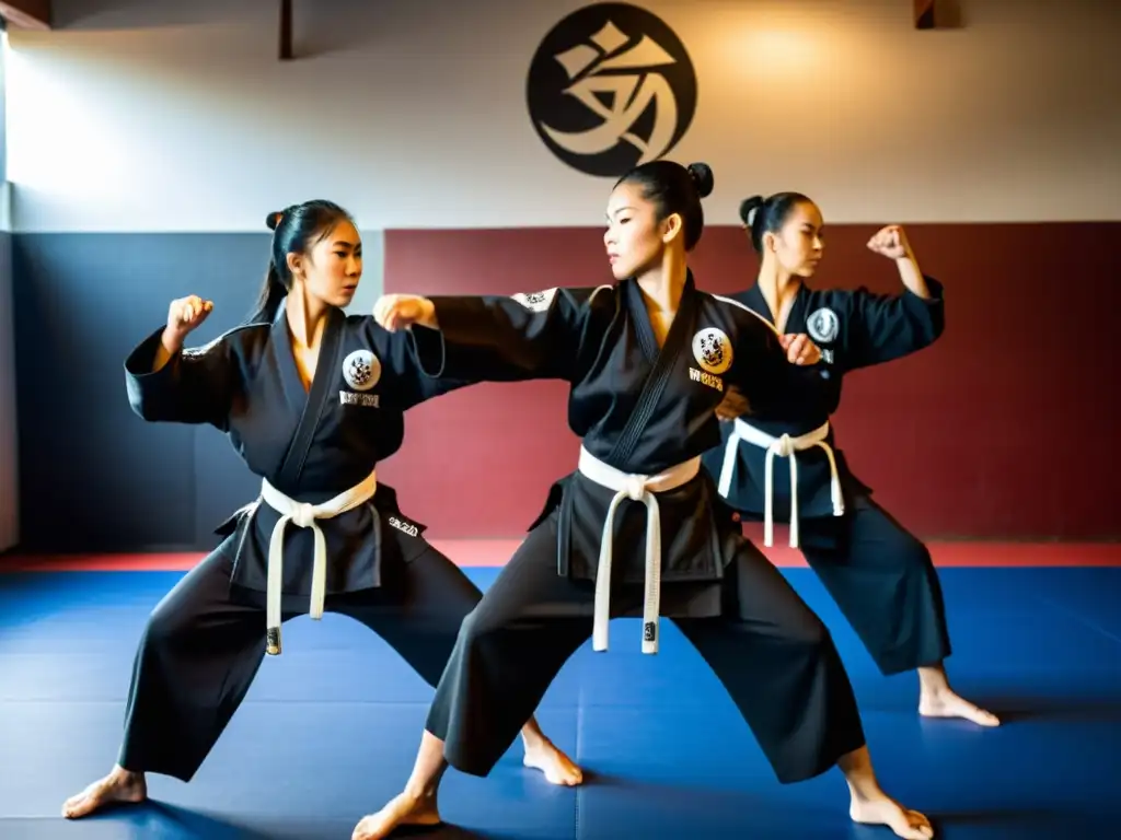 Instructores de Krav Magá practican técnicas defensivas en un salón de entrenamiento, con movimientos dinámicos y expresiones concentradas