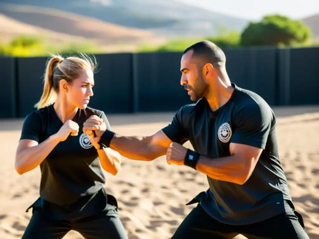 Instructores de Krav Magá en Israel practicando técnicas defensivas con determinación y precisión