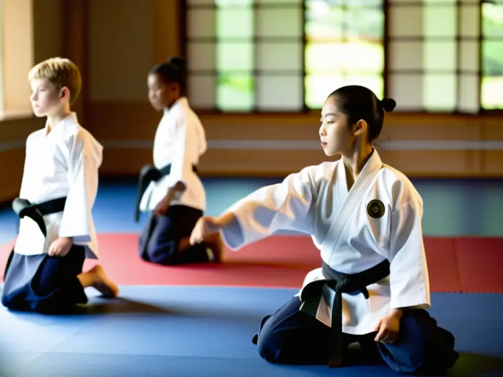 Integración del Aikido en Educación Física: Maestro de Aikido demostrando técnicas fluidas a niños en uniforme blanco en un gimnasio soleado