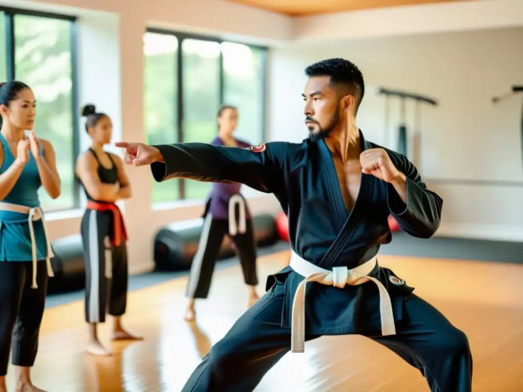 Integración de artes marciales en entrenamiento personal: instructor lidera sesión en línea con participantes comprometidos desde sus hogares