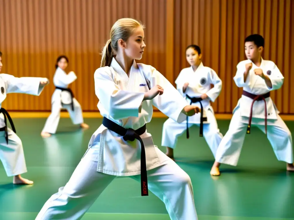 Karate escolar: Determinación y precisión en acción Integración del Karate en educación física: Estudiantes practican karate con determinación y precisión, inspirando disciplina y concentración en un gimnasio bien iluminado