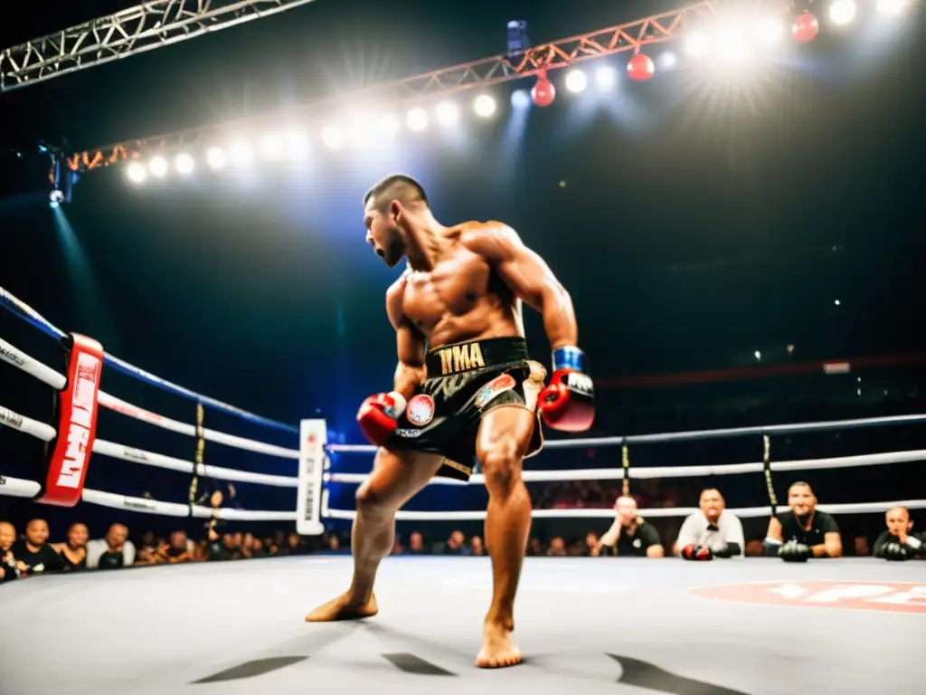 Integración del Muay Thai en MMA: Un luchador de MMA ejecuta un perfecto roundhouse kick de Muay Thai, rodeado de una multitud emocionada