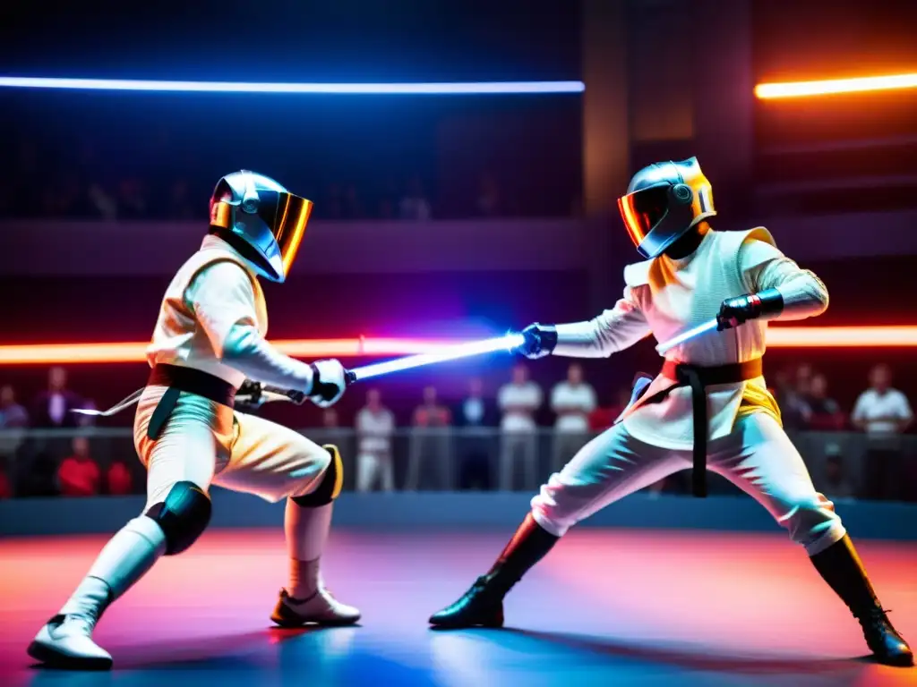 Intensa batalla de sables de luz en un escenario futurista, mostrando regulaciones combate sable luz y concentración en los rostros de los fencers