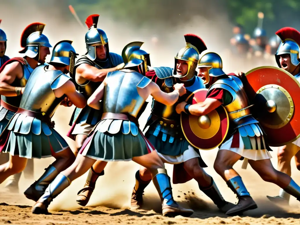 Intensa batalla de soldados romanos en combate cuerpo a cuerpo con gladios y escudos, mostrando la historia del combate en ejércitos romanos