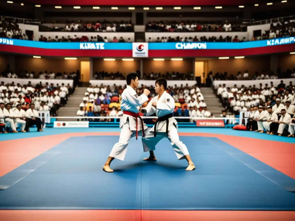 Intensa competencia de karate en un estadio lleno, capturando la historia del karate deportivo competitivo con pasión y habilidad de los atletas