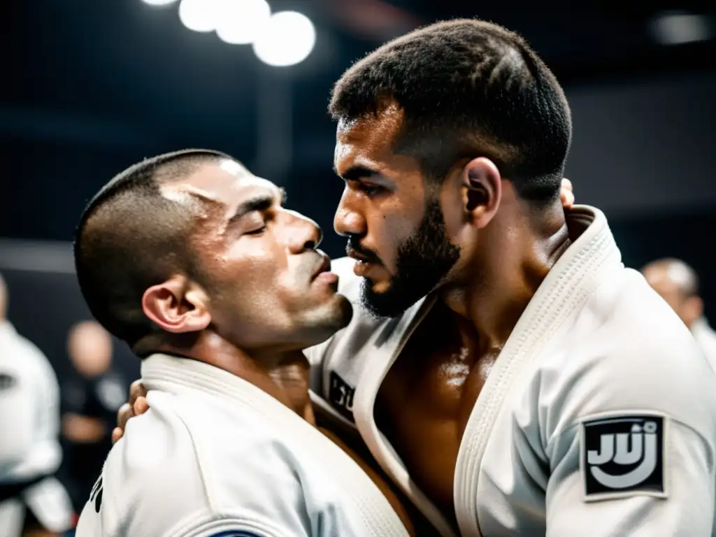 En una intensa competencia de Brazilian JiuJitsu, dos luchadores demuestran su habilidad en una llave de sumisión