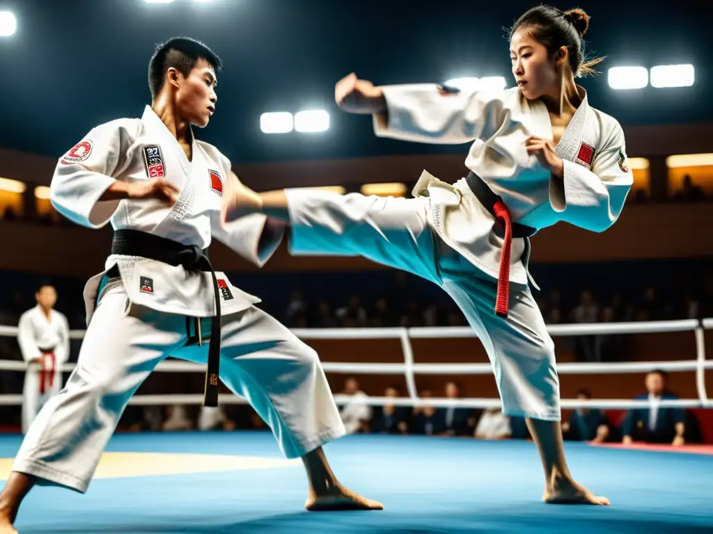 Intensa competencia de karate, dos luchadores en pleno duelo aéreo, reflejando preparación para competiciones de karate