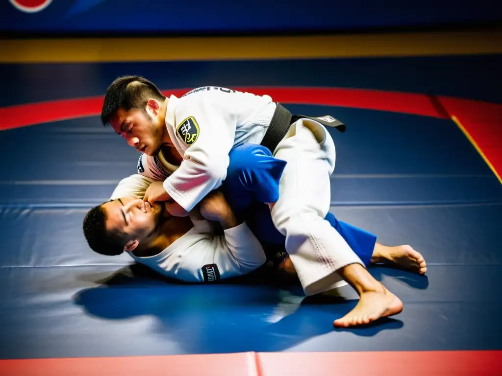 Intensa competición de JiuJitsu: atletas en acción realizando un takedown y un contraataque en una brillante competición de análisis digital