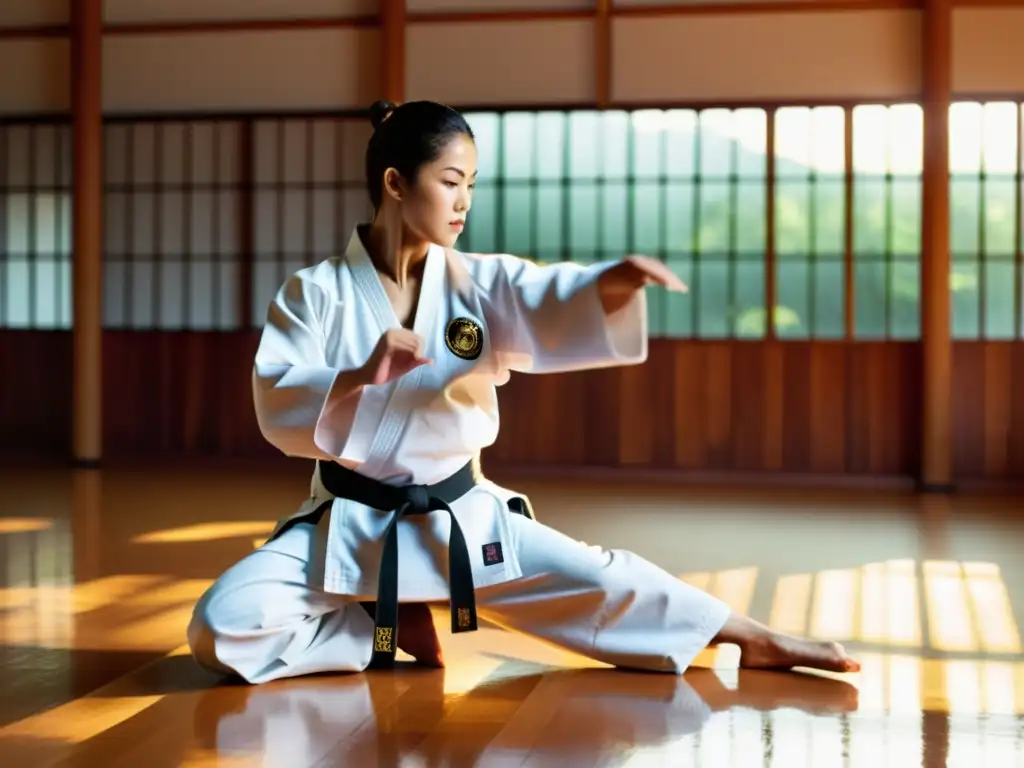 Preparación intensa de competidores para torneo de karate en un dojo tradicional, con instructor experimentado liderando la práctica técnica