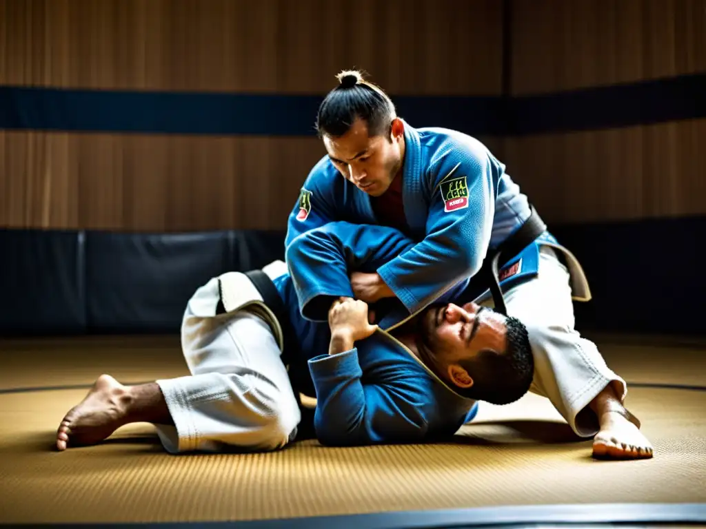 Intensa sesión de Brazilian JiuJitsu en un dojo auténtico, mostrando la determinación y concentración necesarias para el entrenamiento efectivo de BJJ