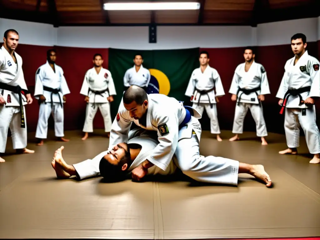 Práctica intensa de Brazilian JiuJitsu en un dojo, reflejando la disciplina y energía de los practicantes