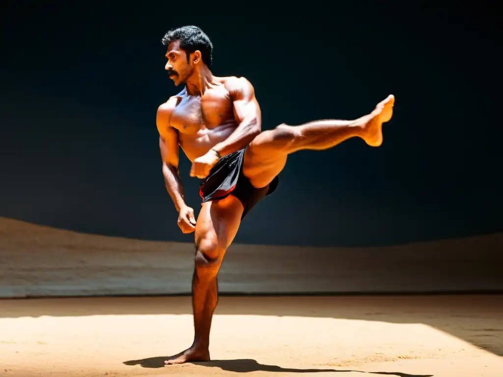 Práctica intensa de Kalaripayattu, reflejando su impacto cultural en la India del sur