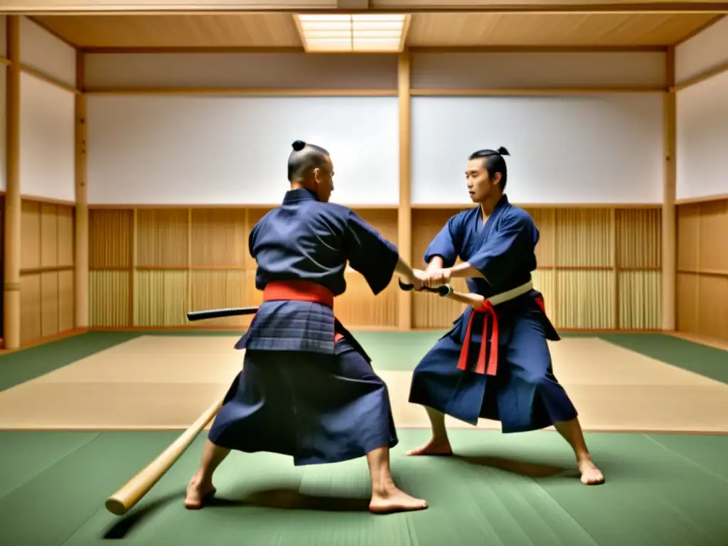 Práctica intensa de kendo en un dojo moderno, reflejando la fusión de tradición y modernidad en el kendo