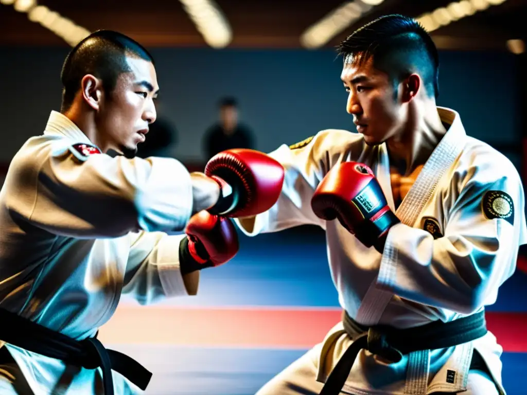 Intensa lucha de artes marciales en vivo en un dojo, con movimientos precisos y determinación en los ojos