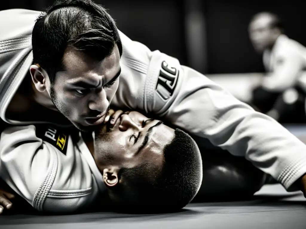 Intensa lucha de Brazilian JiuJitsu en blanco y negro, mostrando la determinación y técnica en la competencia