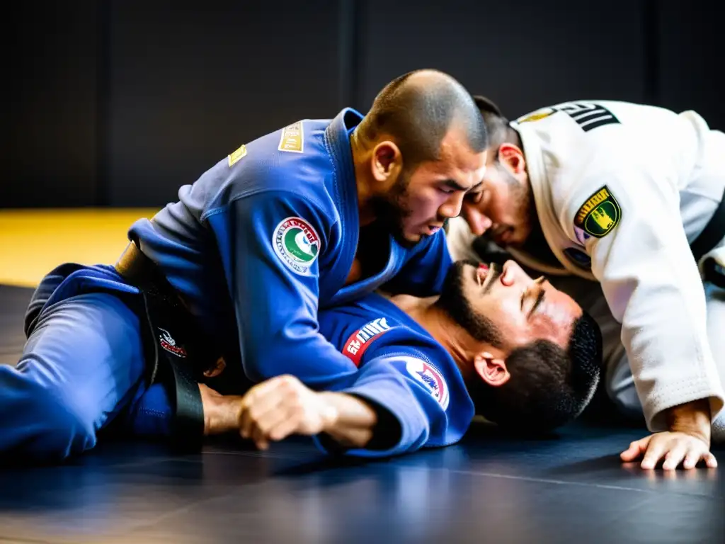 Intensa lucha de competidores en entrenamiento avanzado Jiu Jitsu Brasileño