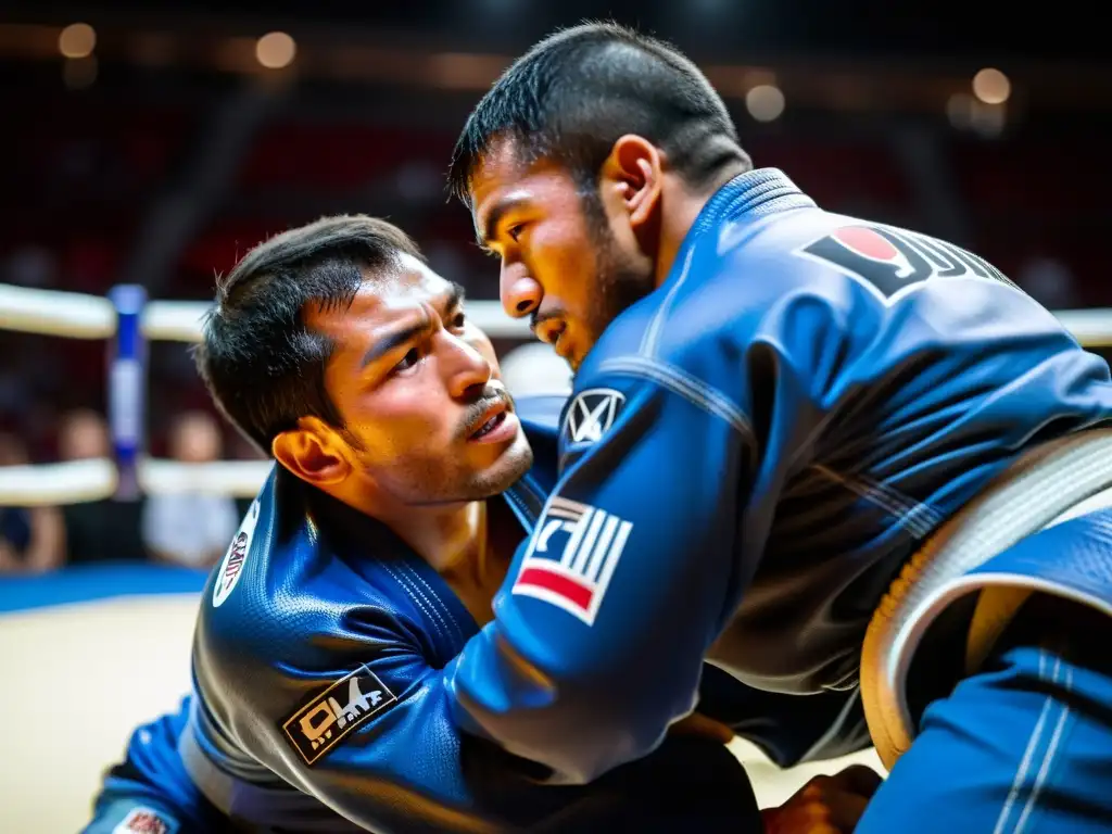 Intensa lucha de JiuJitsu, músculos tensos y sudor brillante bajo las luces