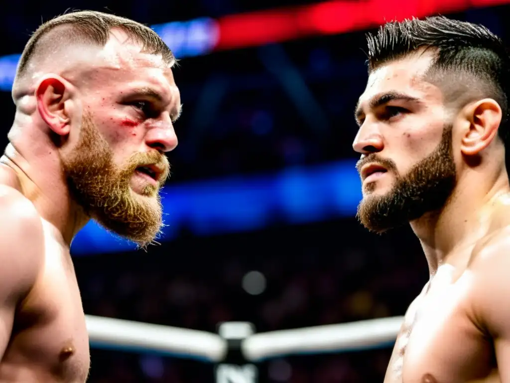 Intensa mirada entre Conor McGregor y Khabib Nurmagomedov antes de su histórica pelea, representando rivalidades históricas MMA impacto cultural