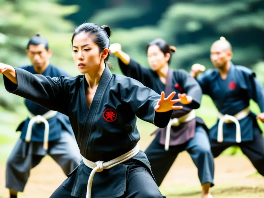 Práctica intensa de Bujinkan Ninjutsu en retiro, con participantes concentrados en técnicas marciales en un entorno natural sereno