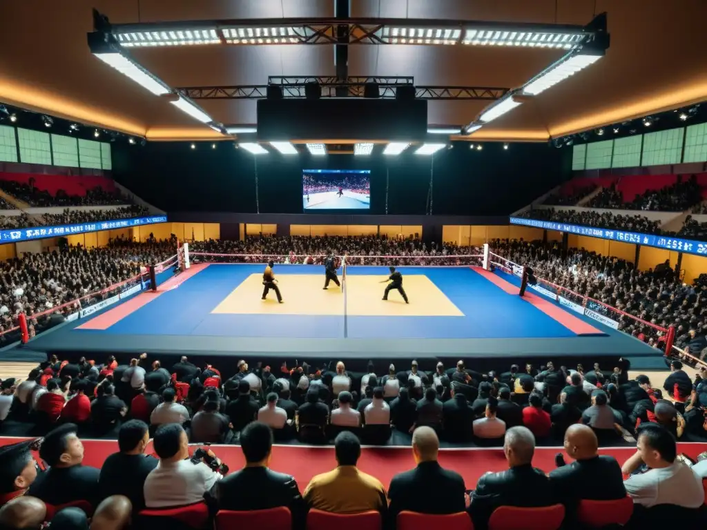 Intensa pelea de artes marciales en vivo, capturando la emoción del evento