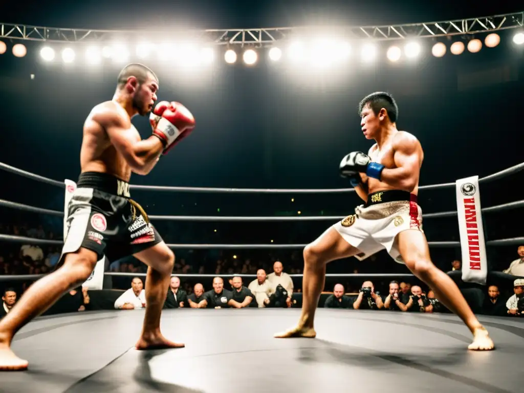 Intensa pelea de Vale Tudo capturando el origen y evolución de las MMA en una arena oscura y abarrotada, con luchadores sudorosos y público expectante