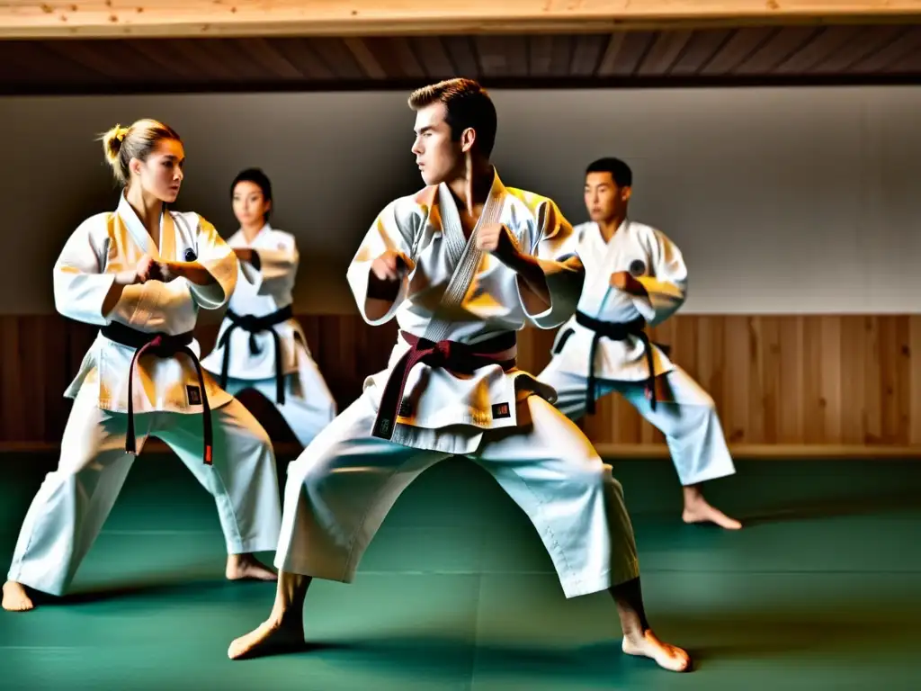 Intensa preparación de competidores de karate en tradicional dojo, destacando su determinación para el torneo