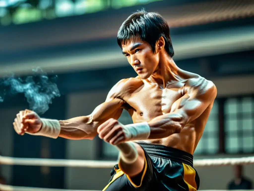 La intensidad del legado de Bruce Lee en artes marciales se refleja en su impactante patada, capturando su maestría en detalle