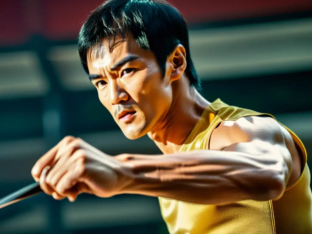 Bruce Lee demuestra con intensidad su método de combate, exudando disciplina y maestría