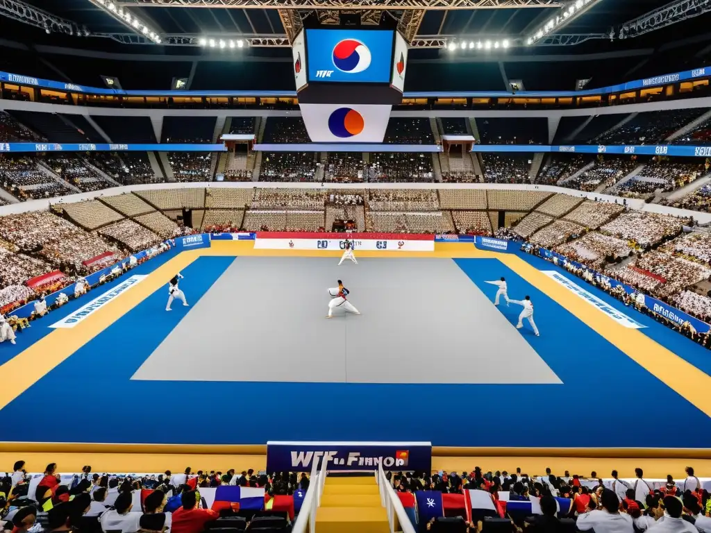 Intenso campeonato mundial de taekwondo con competidores en acción y fanáticos emocionados agitando banderas, capturando la energía del evento