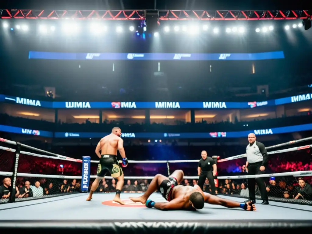 Intenso combate de artes marciales en vivo en un estadio repleto, capturando la emoción y la evolución del PayPerView en artes marciales