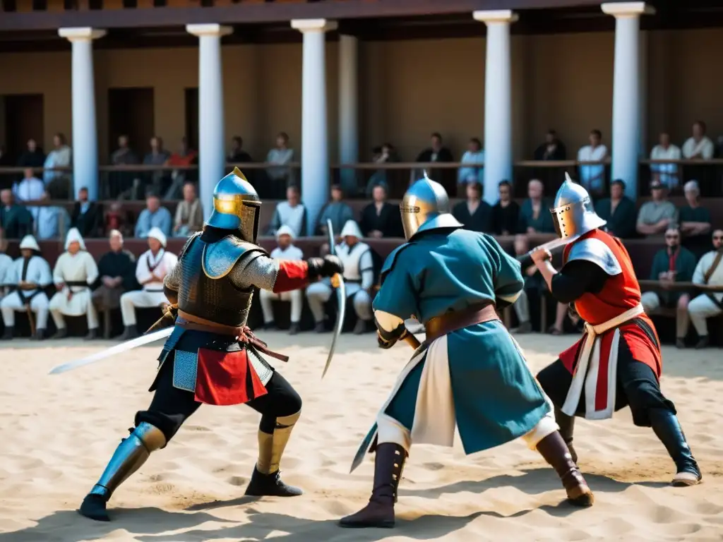 Intenso combate de Artes Marciales Históricas Europeas siglo XXI con espadas largas y escudos, ante una multitud expectante