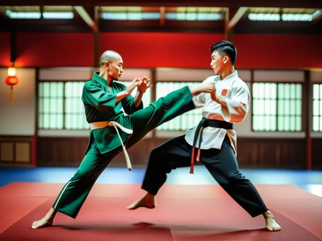 Intenso combate de artes marciales chinas en un salón tradicional, con destacadas técnicas de Choy Li Fut y otros estilos de Kung Fu