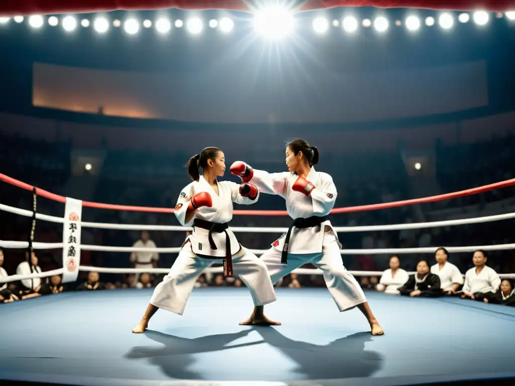 Intenso combate de artes marciales femeninas en un estadio lleno, mostrando el impacto cultural de las mujeres en las artes marciales