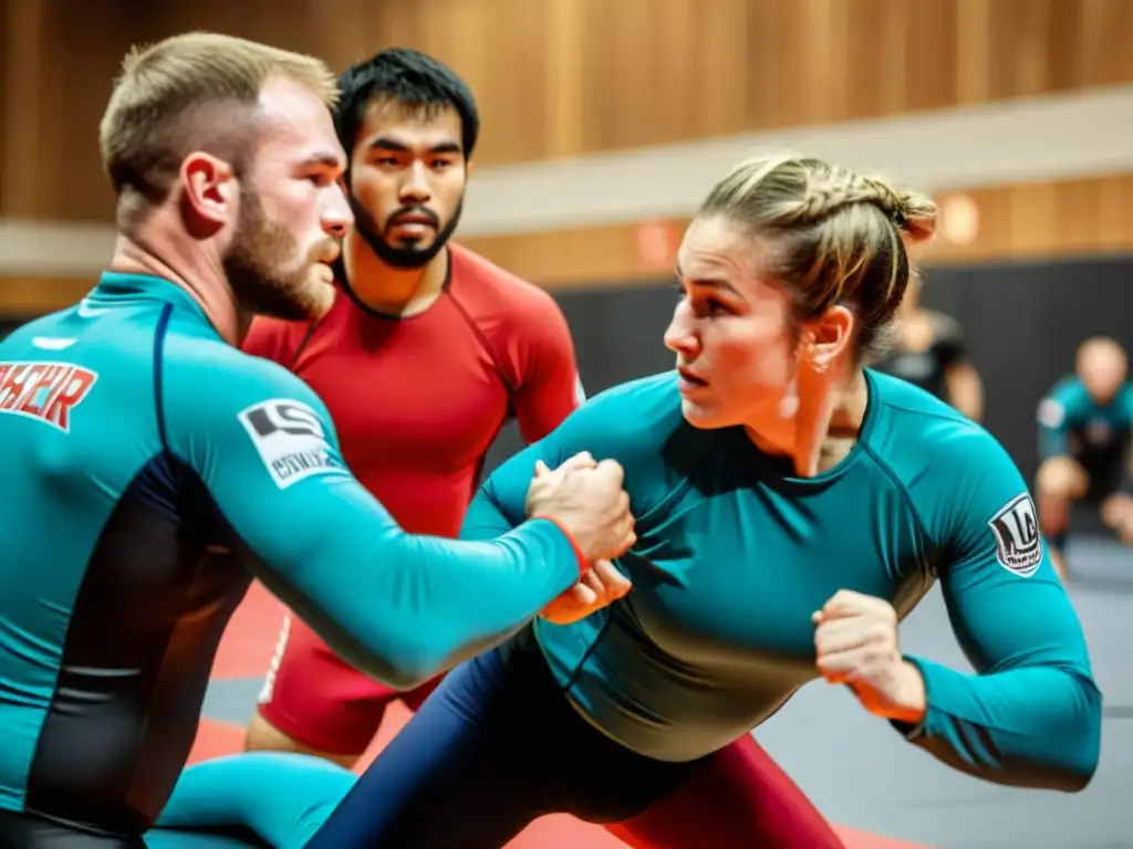 Un intenso combate de grappling BJJ con atletas usando rashguards oficiales en un gimnasio espacioso y bien iluminado